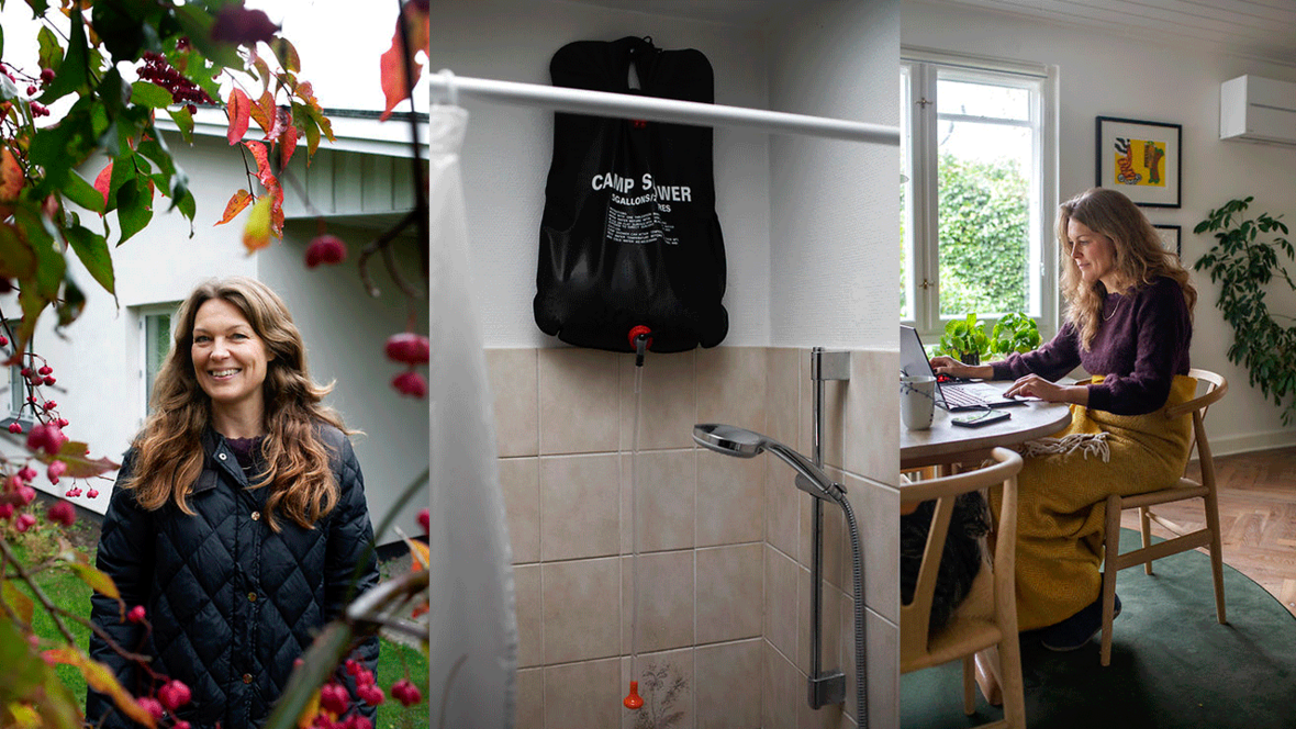 Line Olsen udenfor sit hus, campshower i brusebad og Line Olsen sidder og arbejder ved pc med tæppe om sig