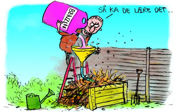 Tegning af mand, der hælder benzin på kompostbunke