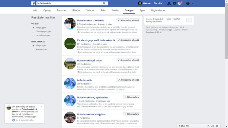 Screenshot fra Facebook med søgning på bofællesskab