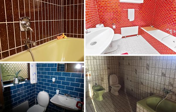 Flisecollage Fire eksempler på badeværelser med gamle blå, brune og røde fliser samt grøn og avokadofarvet sanitet.