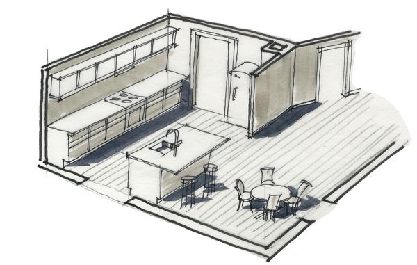 Arkitekten foreslår, at køkkennet skal indrettes sådan her for at få mere plads.