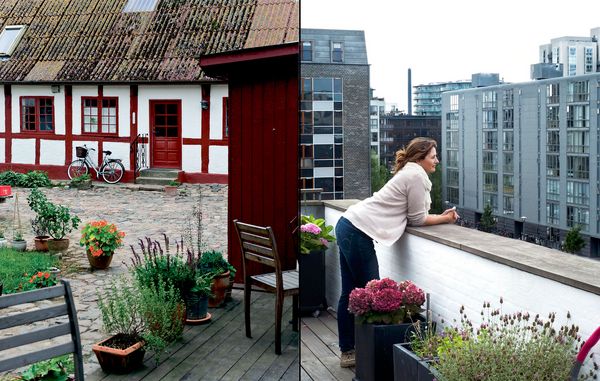Billeder af bondegård og kvinde på altan i by