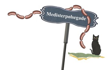 Tegning med gadenavnet Medisterpølsegade med medisterpølser hængende på vejskiltet Tegning med gadenavnet Medisterpølsegade med medisterpølser hængende på vejskiltet
