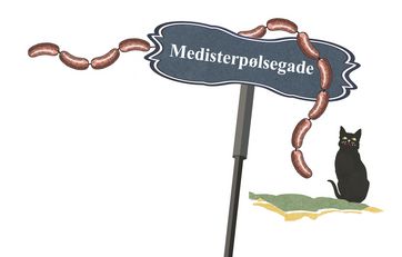 Tegning med gadenavnet Medisterpølsegade med medisterpølser hængende på vejskiltet Tegning med gadenavnet Medisterpølsegade med medisterpølser hængende på vejskiltet