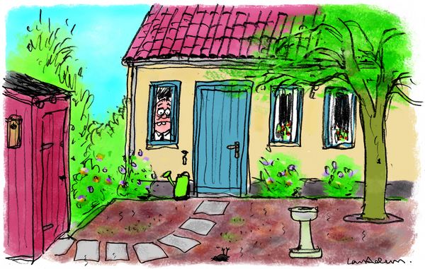 Tegning af mand i hus med vissen græsplæne