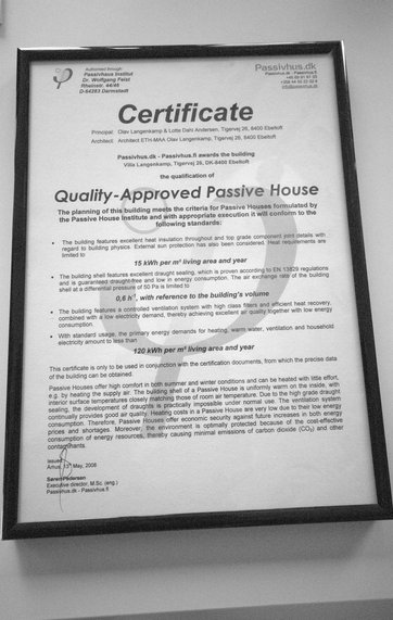 Certifikat for passivhus.