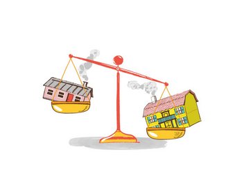 Illustration med huse, der vejes på vægt