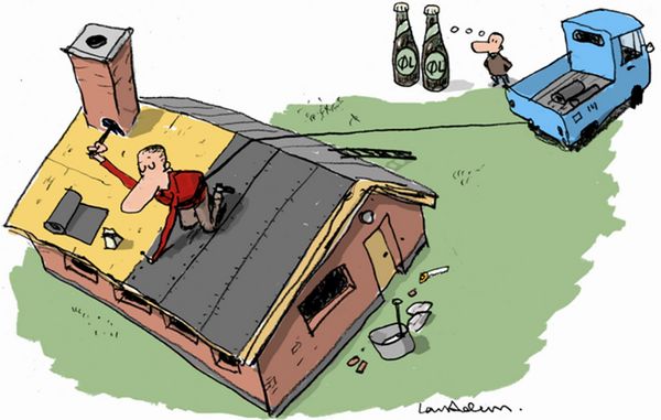 Løsningen med et reb om livet virkede som en lys idé, lige indtil øltørsten satte ind. Illustration: Lars Andersen.