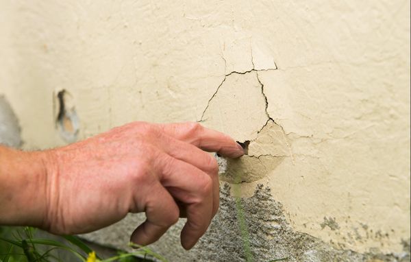 vedligeholdelse Revner i facaden tæt på soklen.