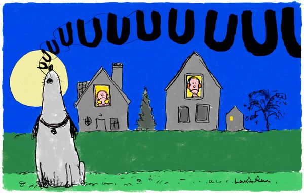 Tegning af hund, der hyler, mens vrede naboer holder sig for ørene