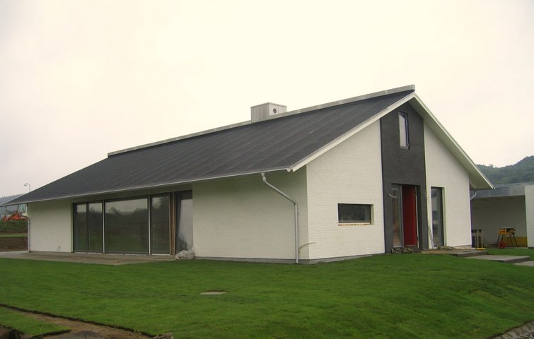 Passivhus i et plan med sort tag og hvide mure