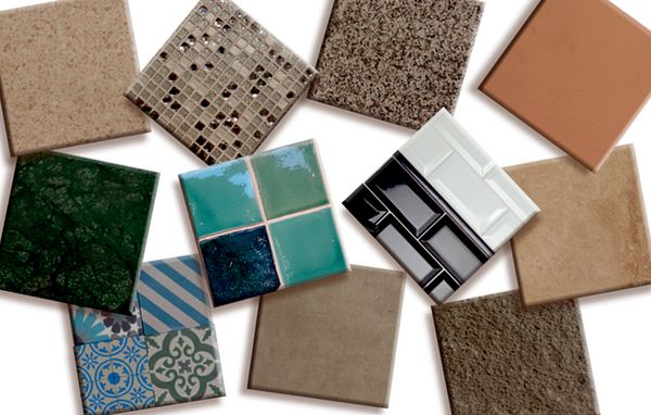 Flisecollage Granit, skifer, travertin, terrazzo, marmor, cement, glasmosaik, terrakotta, beton, uglaserede og glaserede keramiske fliser.
