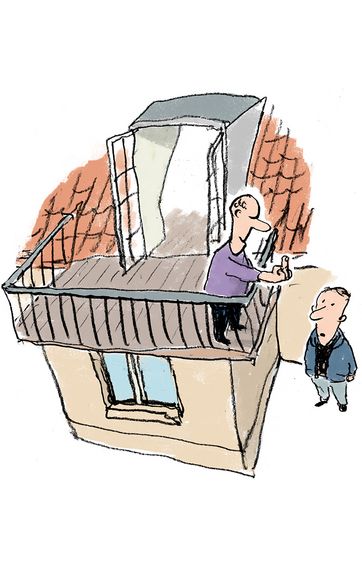 Tegning af mand, der står på sin tagterrasse og giver fingeren til sin nabo, der står i haven