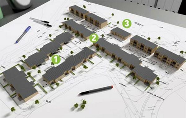 Moderne bofællesskaber består typisk af flere private boliger og et fælleshus. Foto: Arkitektfirmaet Frost Larsen.