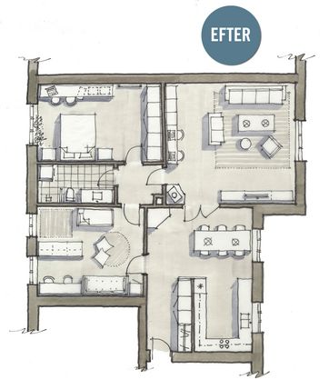 Sådan foreslår Bolius' arkitekt, at familien indretter deres stue.