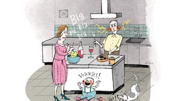 Illustration af problemer med akustikken i et køkken med mange fliser og højt til loftet.