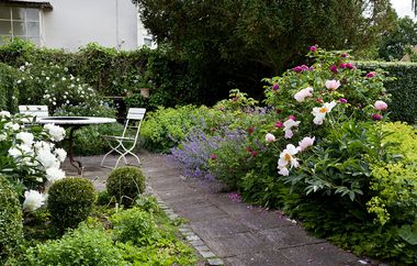 Have med flisesti, terrasse og blomstrende buske