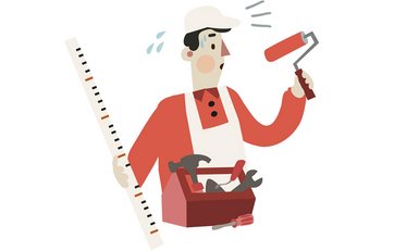 Vedligeholdelse illu1 Illustration af handyman med malerrulle, værktøjskasse og målepind