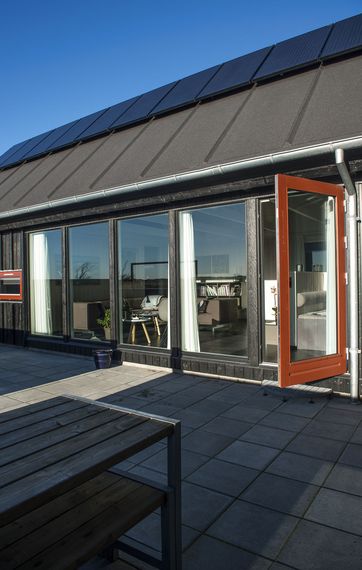 Solceller som er integreret i bygningens arkitektur.