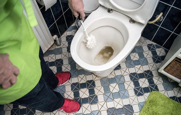 fru Grøn toilet rengøring Toilet med kalk og brune striber