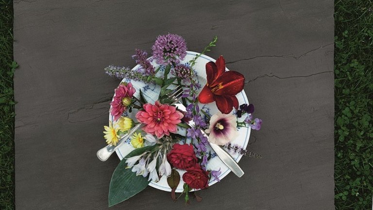 Spiselige blomster fra haven serveret på en tallerken