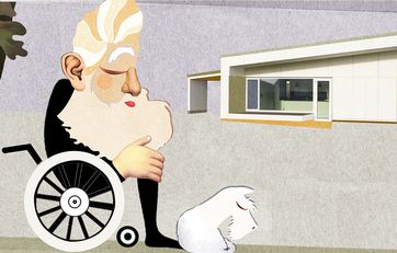 Vedligeholdelsesfri1 Illustration af en ældre mand, der sidder foran sit hus, der ikke kræver vedligeholdelse.