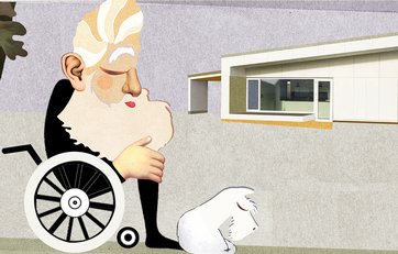 Vedligeholdelsesfri1 Illustration af en ældre mand, der sidder foran sit hus, der ikke kræver vedligeholdelse.