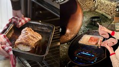 Flæskesteg tages ud af ovn og kvinde holder på grydelapper og griber mod ribbenssteg i foliebakke på gasgrill