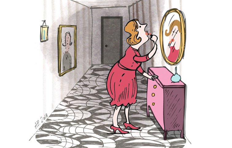 Fliseillu2 Illustration af kvinde foran spejl i entré med fliser i slangemønster på gulvet.