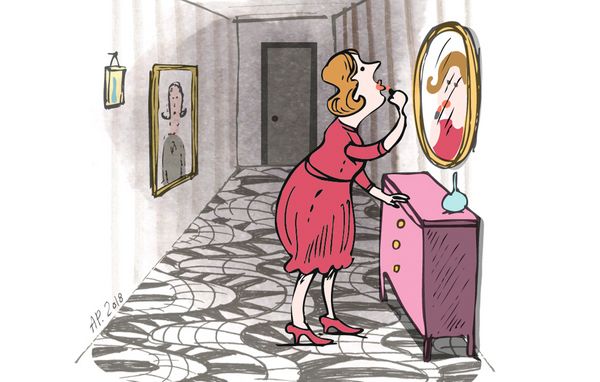 Fliseillu2 Illustration af kvinde foran spejl i entré med fliser i slangemønster på gulvet.