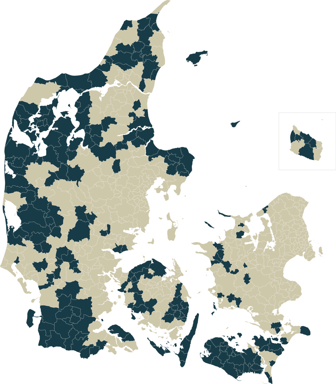 Danmarkskort, der viser, i hvilke postnumre der ifølge regeringens forslag er mulighed for køb af hus med statsgaranti på den yderste del af lånet.