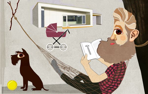 Vedligeholdelsesfri bolig2 Ung boligejer ligger i hængekøjen og slapper af foran sit hus, som ikke kræver vedligeholdelse.