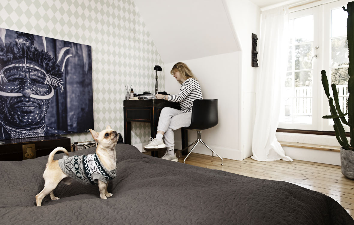Ukraineren Marina Veligura på sit værelse sammen med sin hund i sit danske ’hjem’