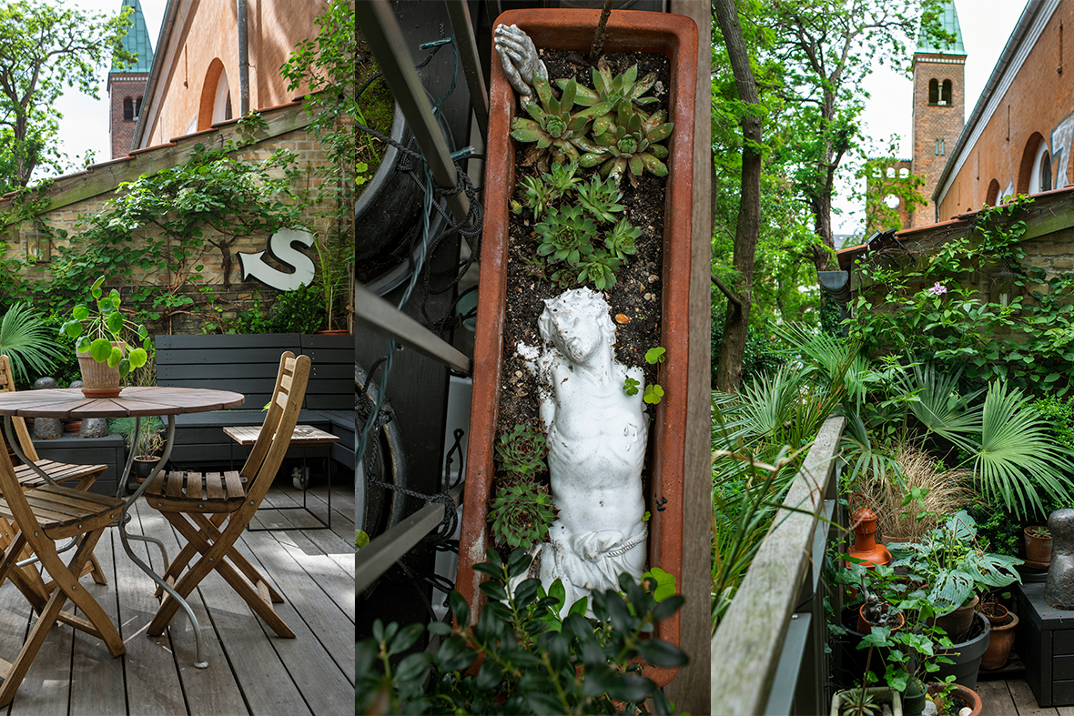 Havemøbler, statuer fra sydeuropæiske kirkegårde og masser af krukker på Lars Bregendahl Bro tagterrasse