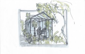 tegning/skitse af drivhus/orangeri med kurvemøbler